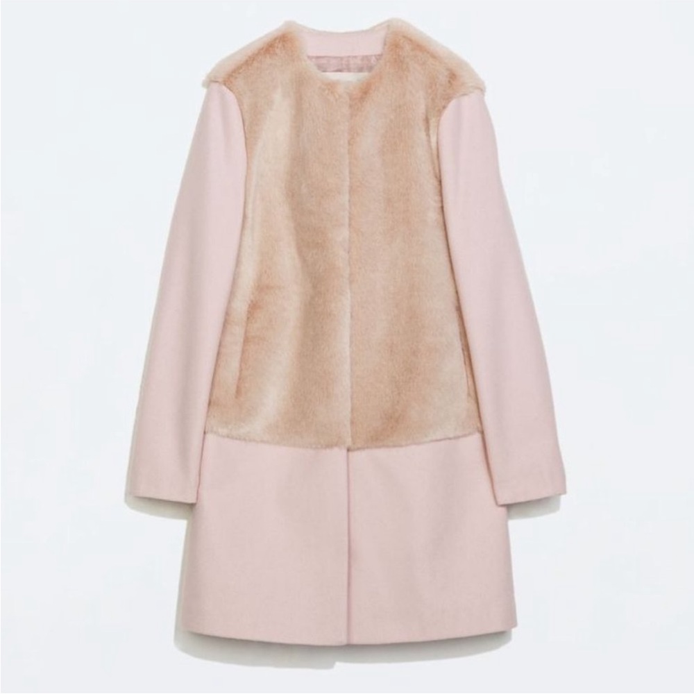 Zara Blogger Favorite Pink Faux Fur Wool Combination Jacket Coat Size XL Rare‎
